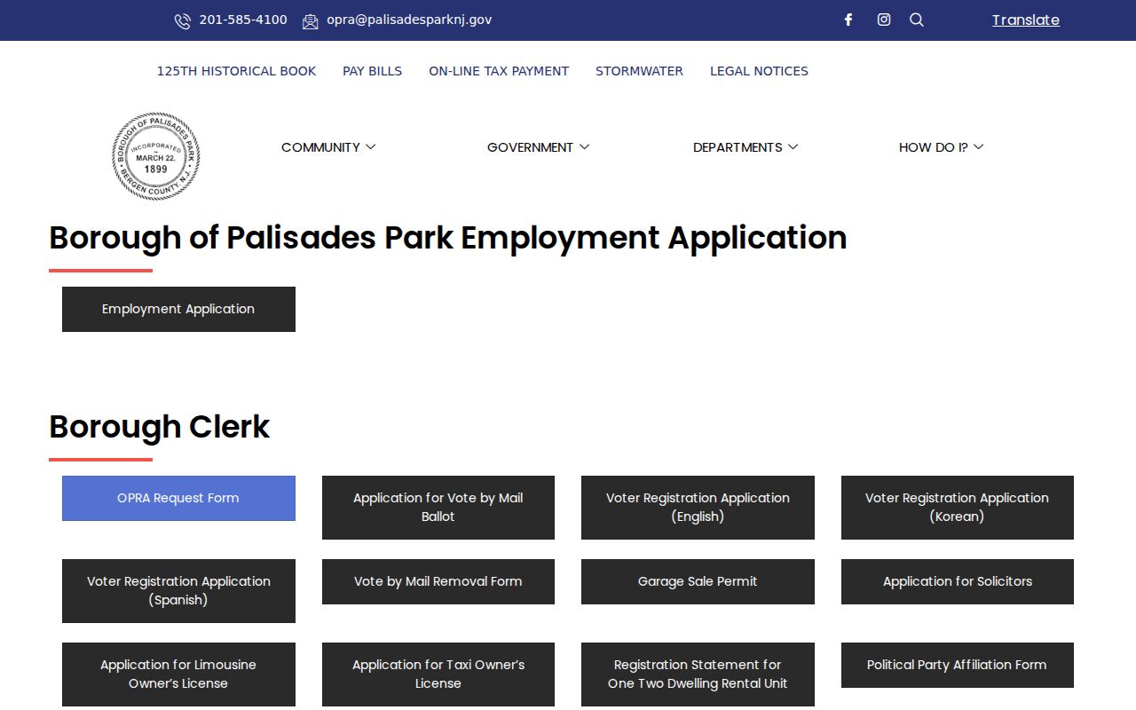 Palisades Park residents directory borough applications and permits