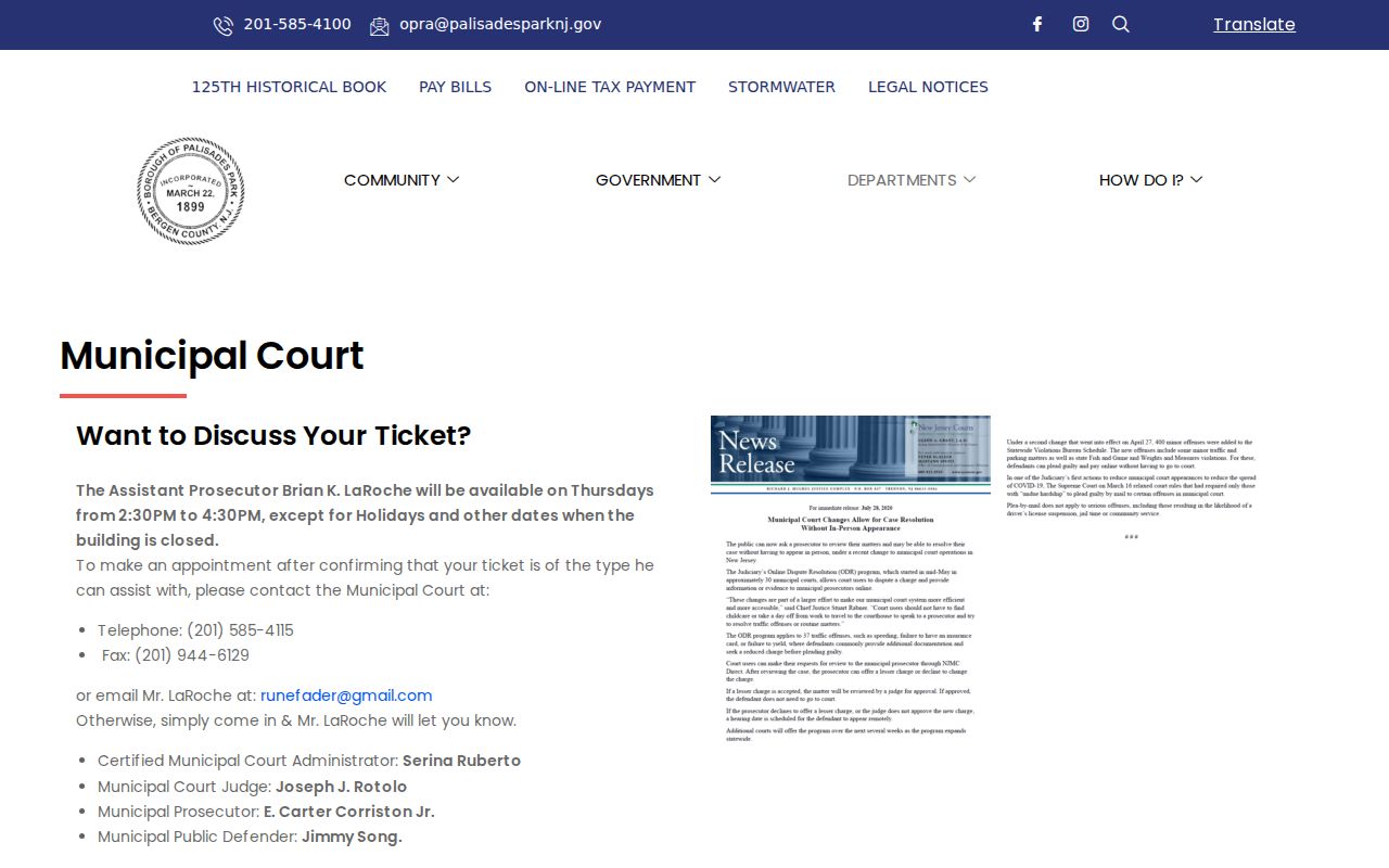Palisades Park neighbors page showing the Municipal Court public contact route