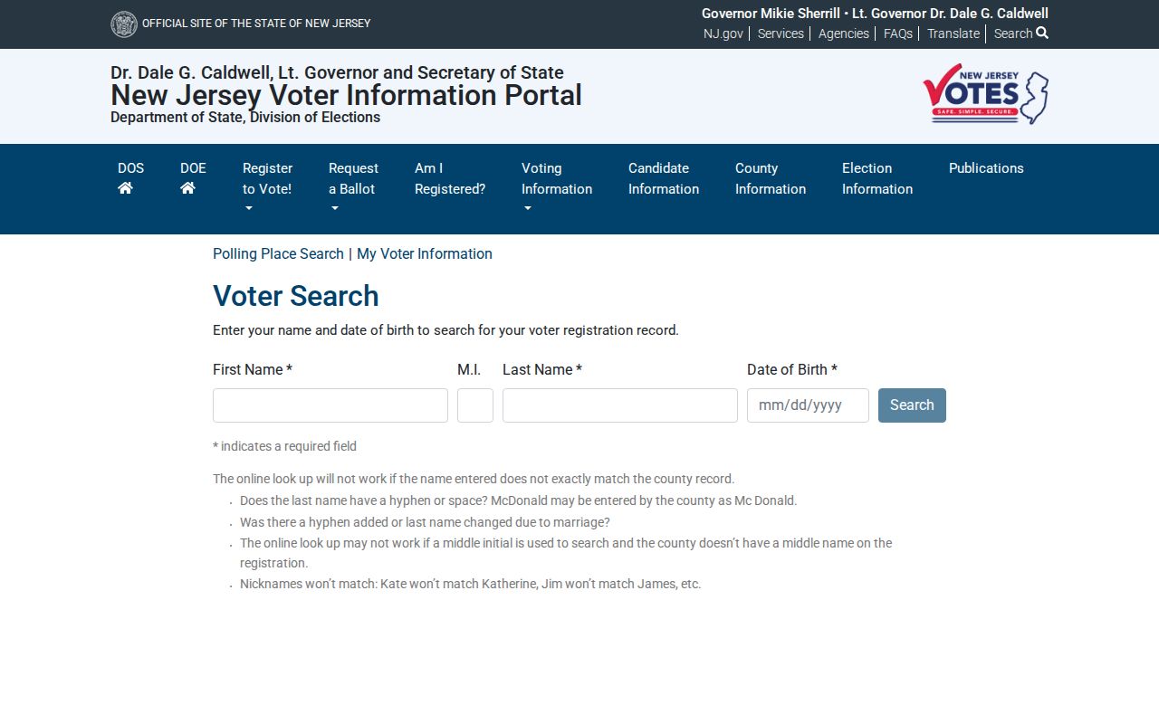 Palisades Park resident lookup through the New Jersey voter registration-status service