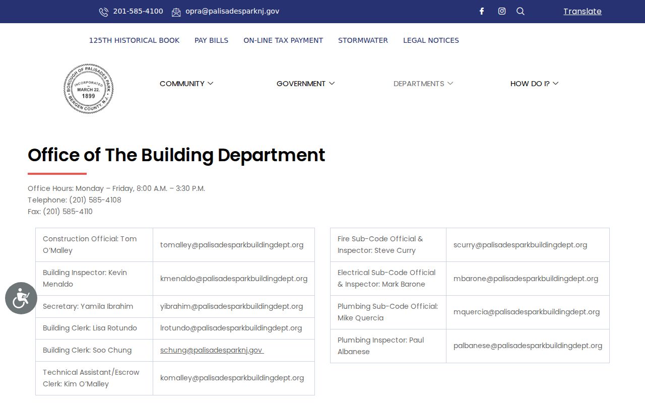 Palisades Park street directory Building Department route