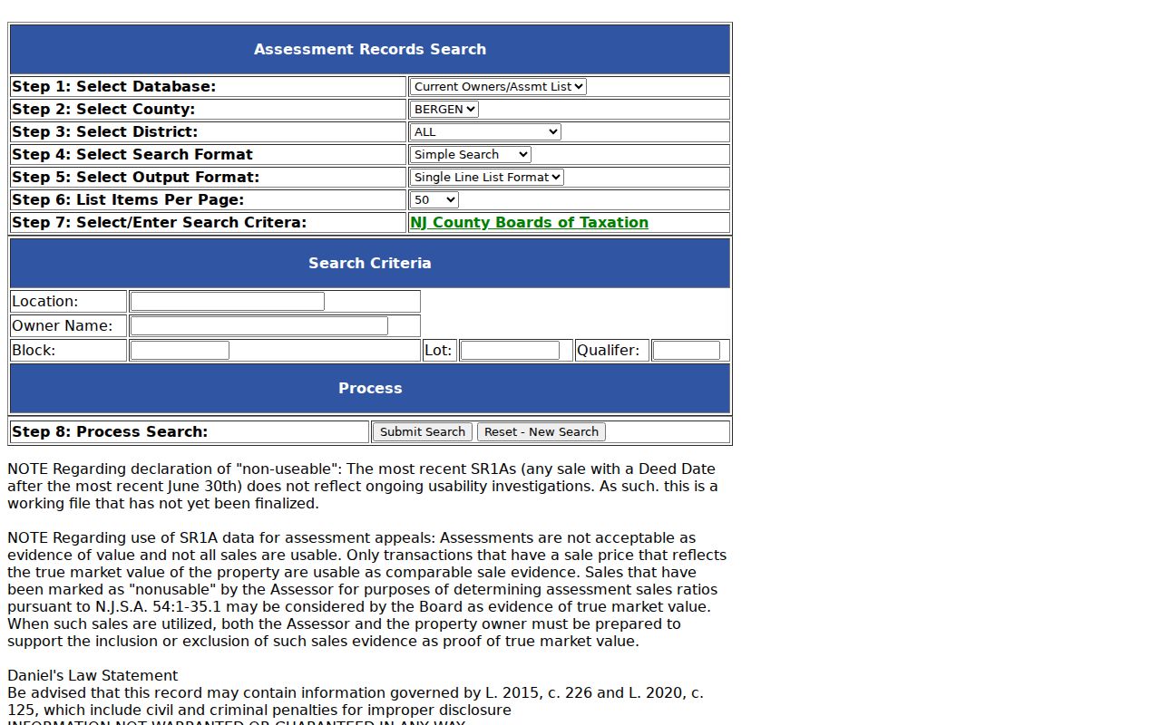 Palisades Park street directory assessment search interface