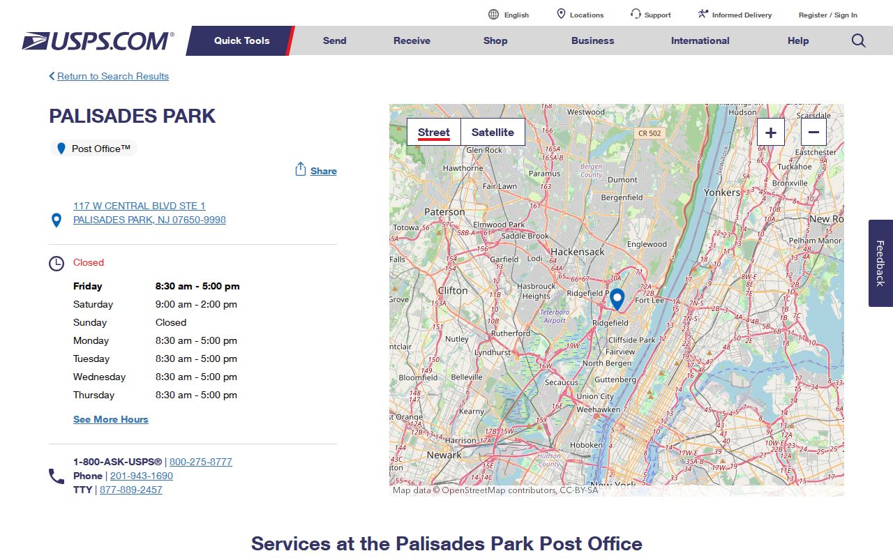 Palisades Park ZIP code directory USPS postal location